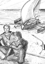 Тримаран и двое из участников морского путешествия: Андрей - слева и Дима - справа. Рисунок Андрея Маковкина.