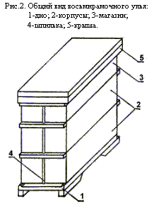 Рис.2. Общий вид восьмирамочного улья: 1 - дно; 2 - корпусы; 3- магазин; 4 - шпилька; 5 - крыша.